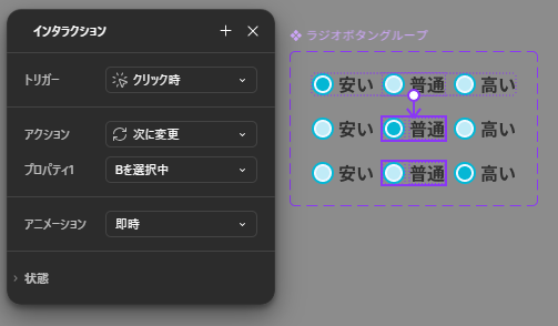「ボタンB」から「Bを選択中」へ矢印