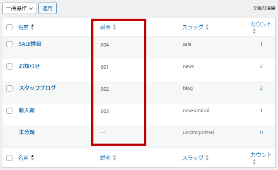 タームの説明欄に通し番号を入力